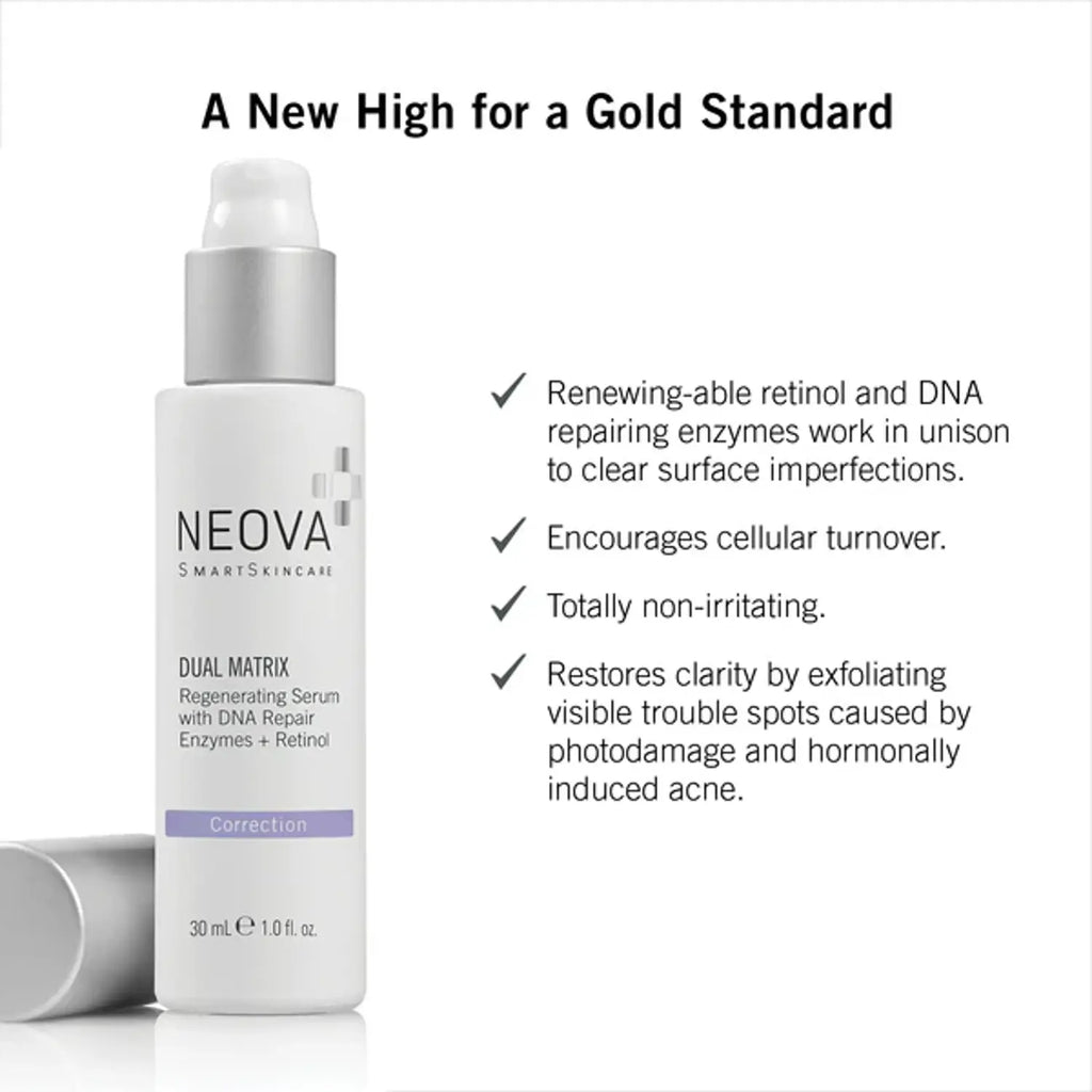 Neova Dual Matrix serum bottle with pump, white label and silver cap