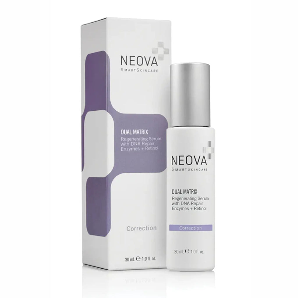 Neova retinol serum bottle with box, silver pump, dual matrix anti-aging liquid