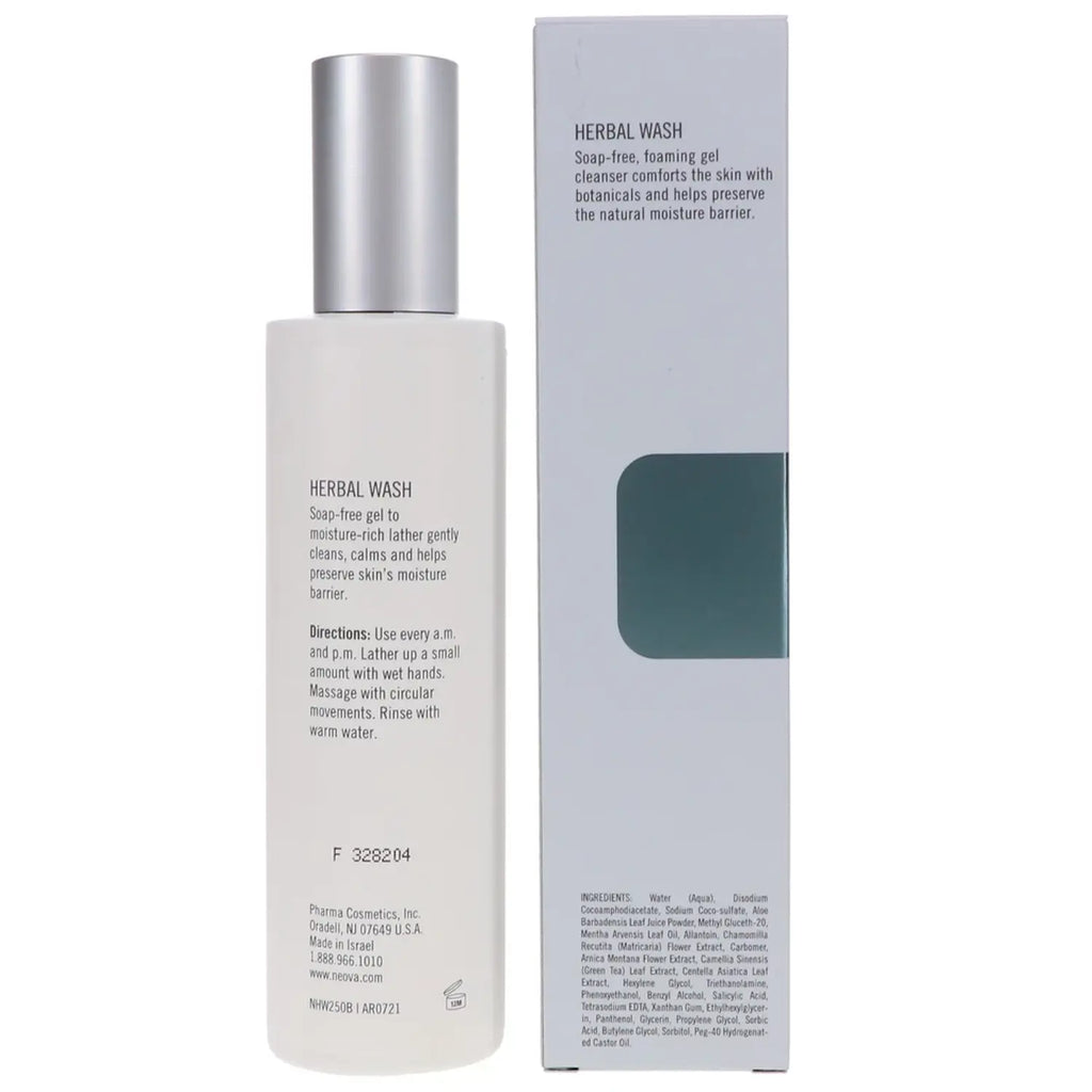 Herbal wash bottle and box back, off-white bottle with silver cap, teal label panel