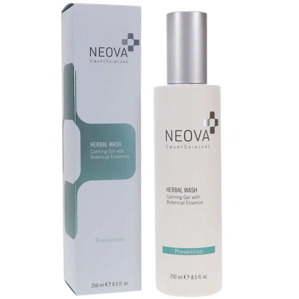 Herbal wash bottle and box, off-white with teal accents, silver pump cap, 8.5 fl oz