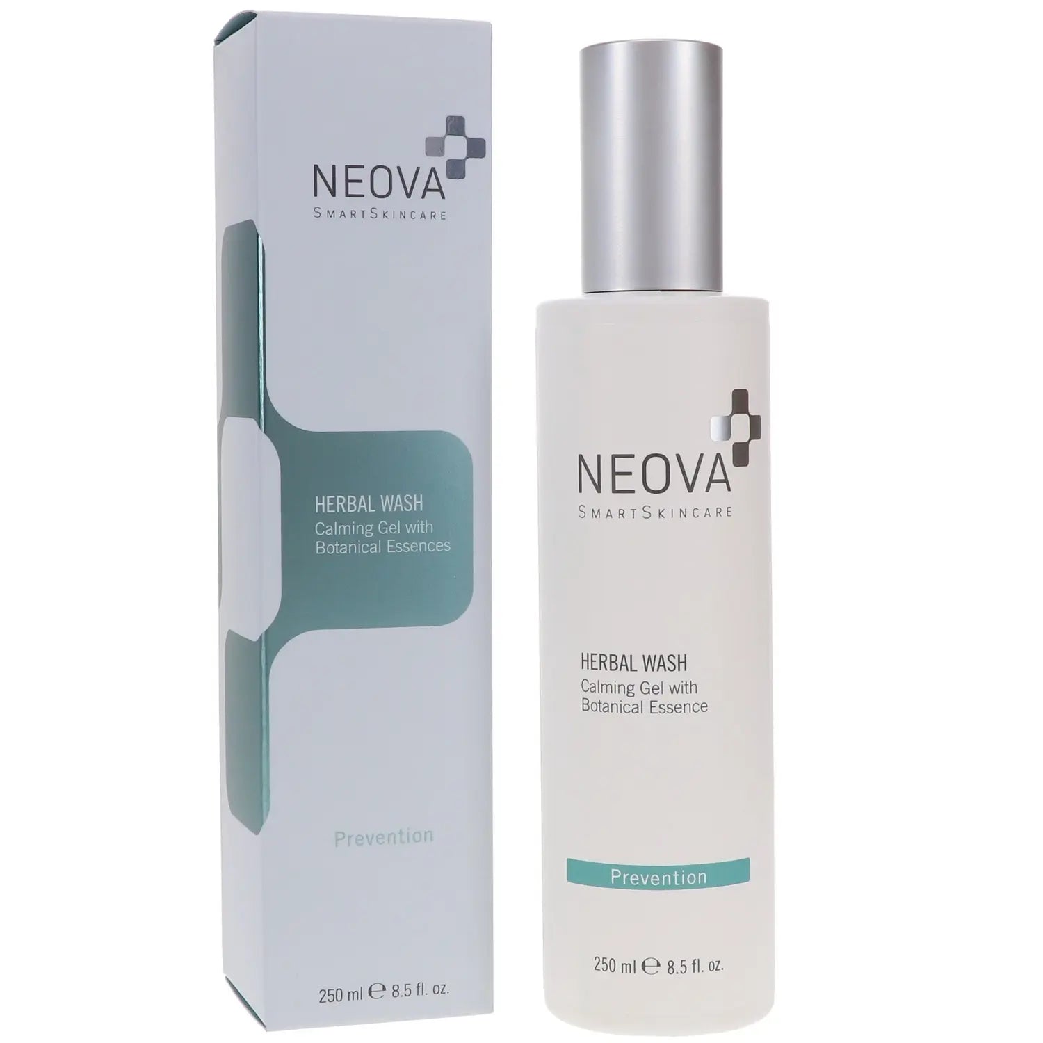 Herbal wash bottle and box, off-white with teal accents, silver pump cap, 8.5 fl oz
