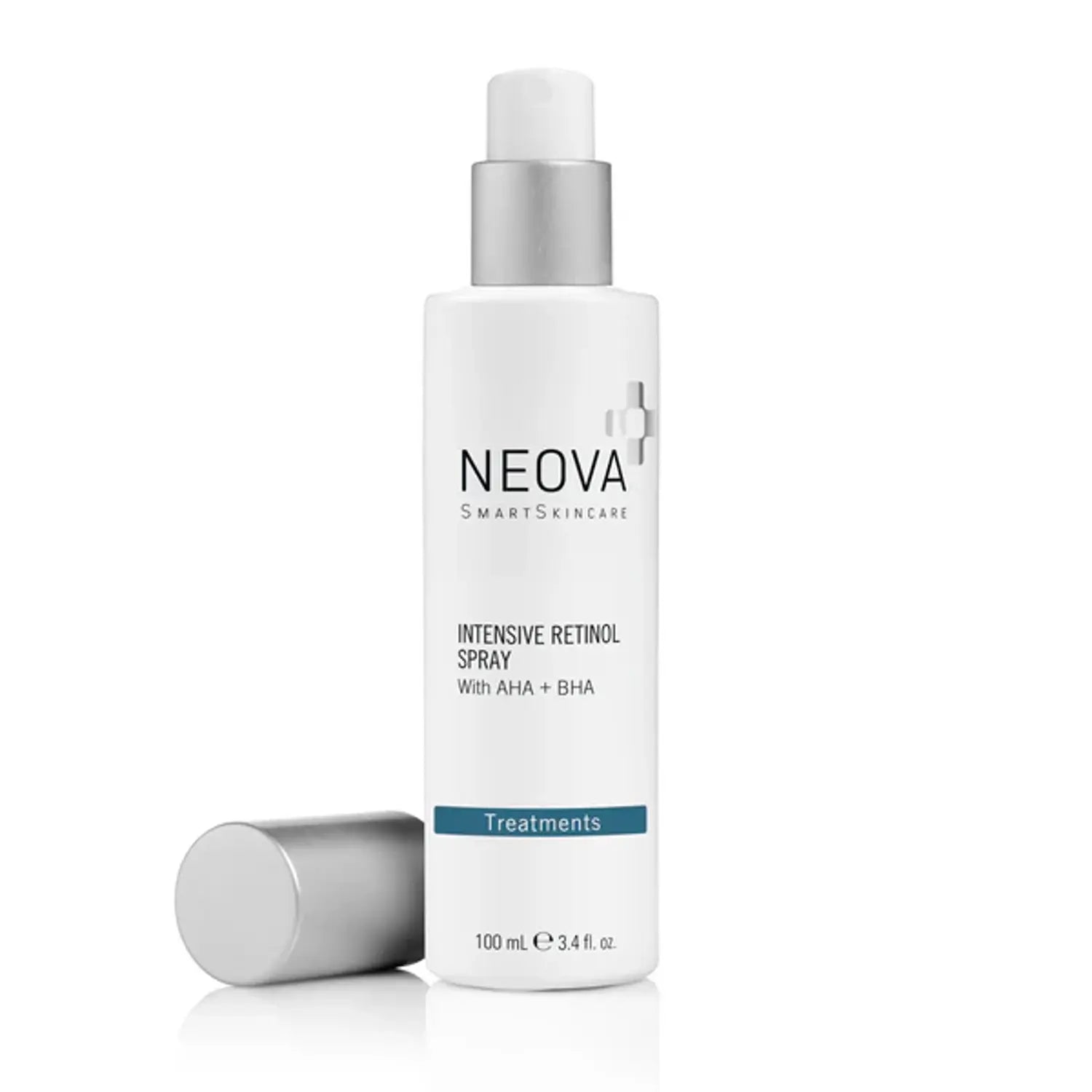 Neova retinol spray bottle with silver pump top and blue label band, 3.4 fl oz