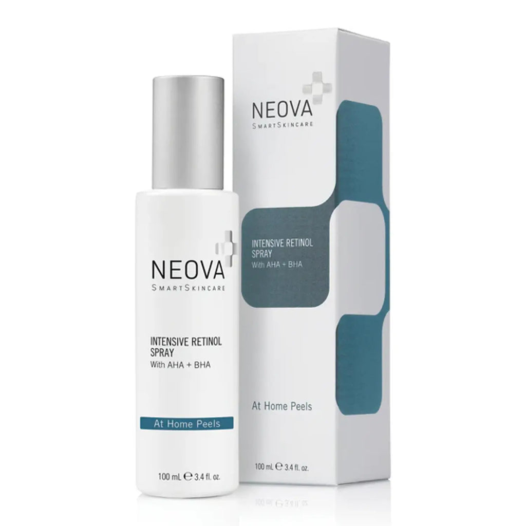Neova retinol spray bottle and carton with blue label detail, 3.4 fl oz