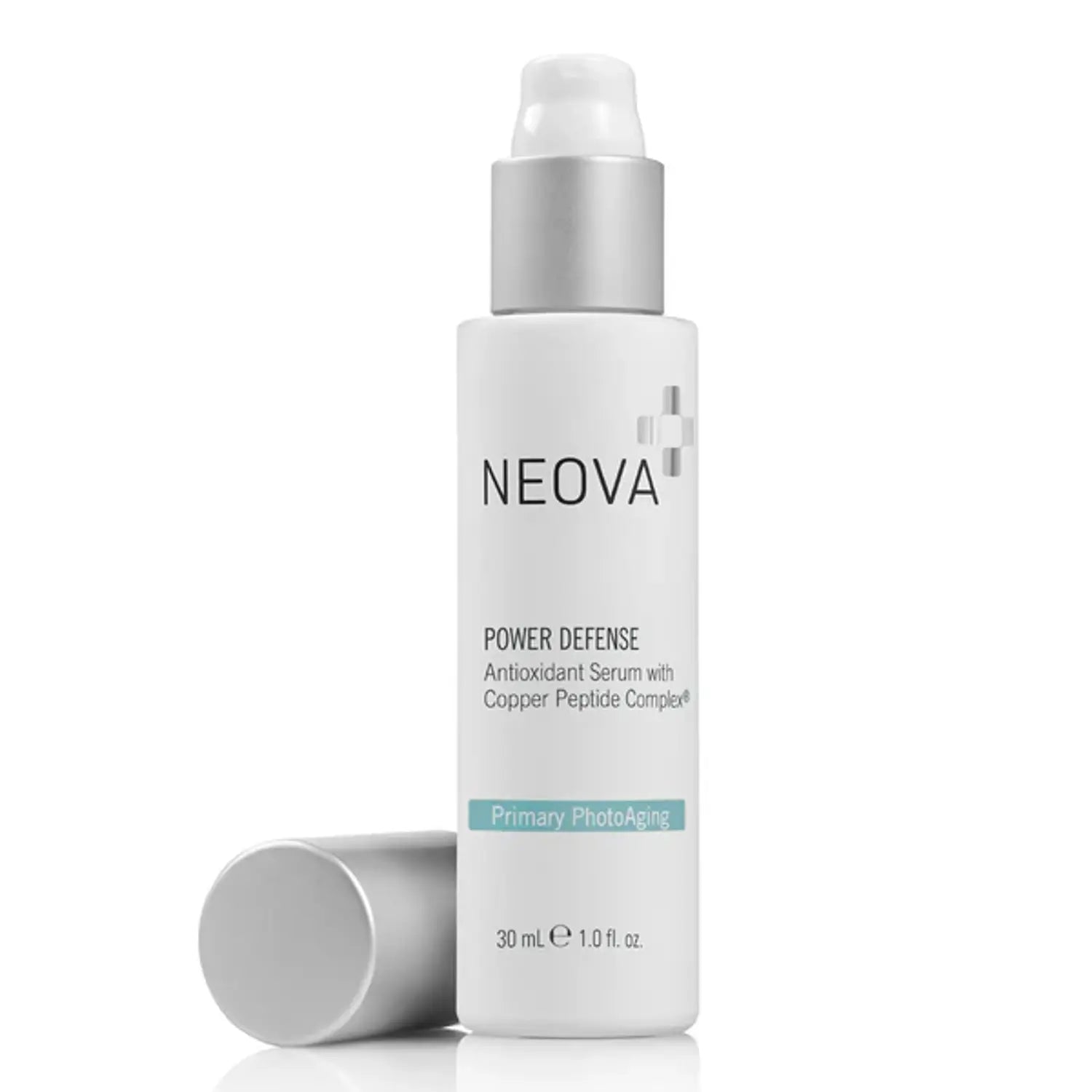 Neova Power Defense serum bottle with silver pump, off-white bottle