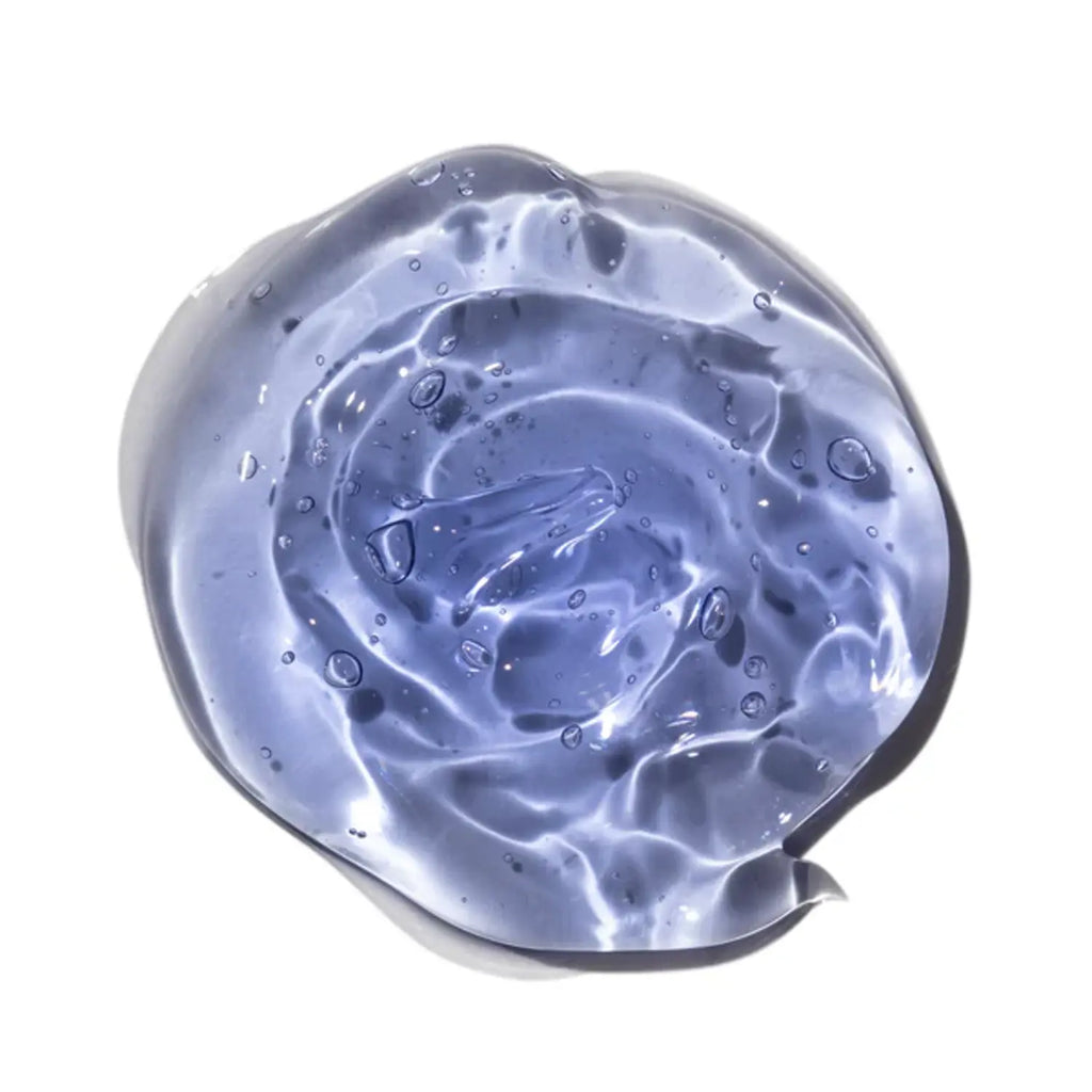 Blue serum gel swatch with water droplets, glossy texture