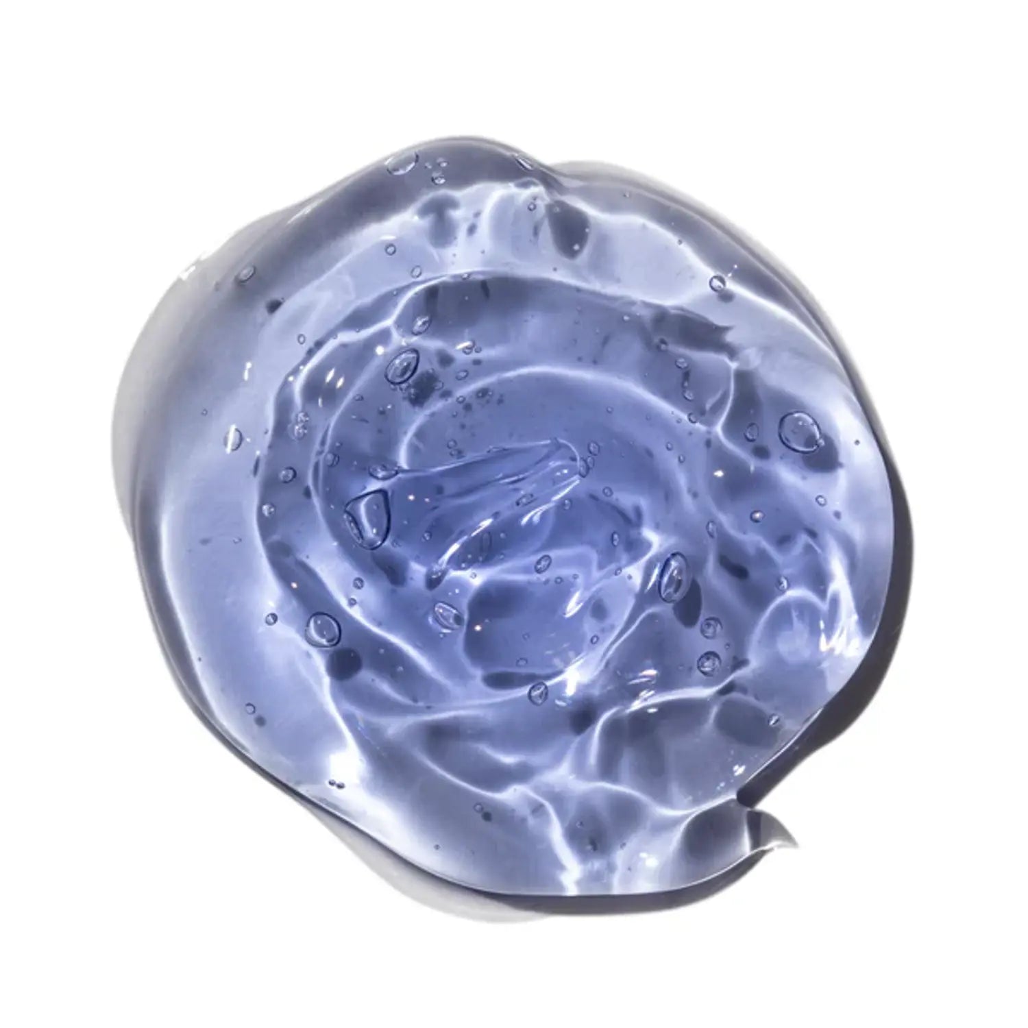 Blue serum gel swatch with water droplets, glossy texture