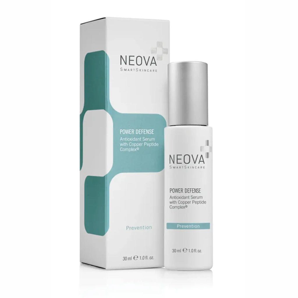 Skincare serum bottle and box, white and silver with teal accents