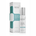 Skincare serum bottle and box, white and silver with teal accents