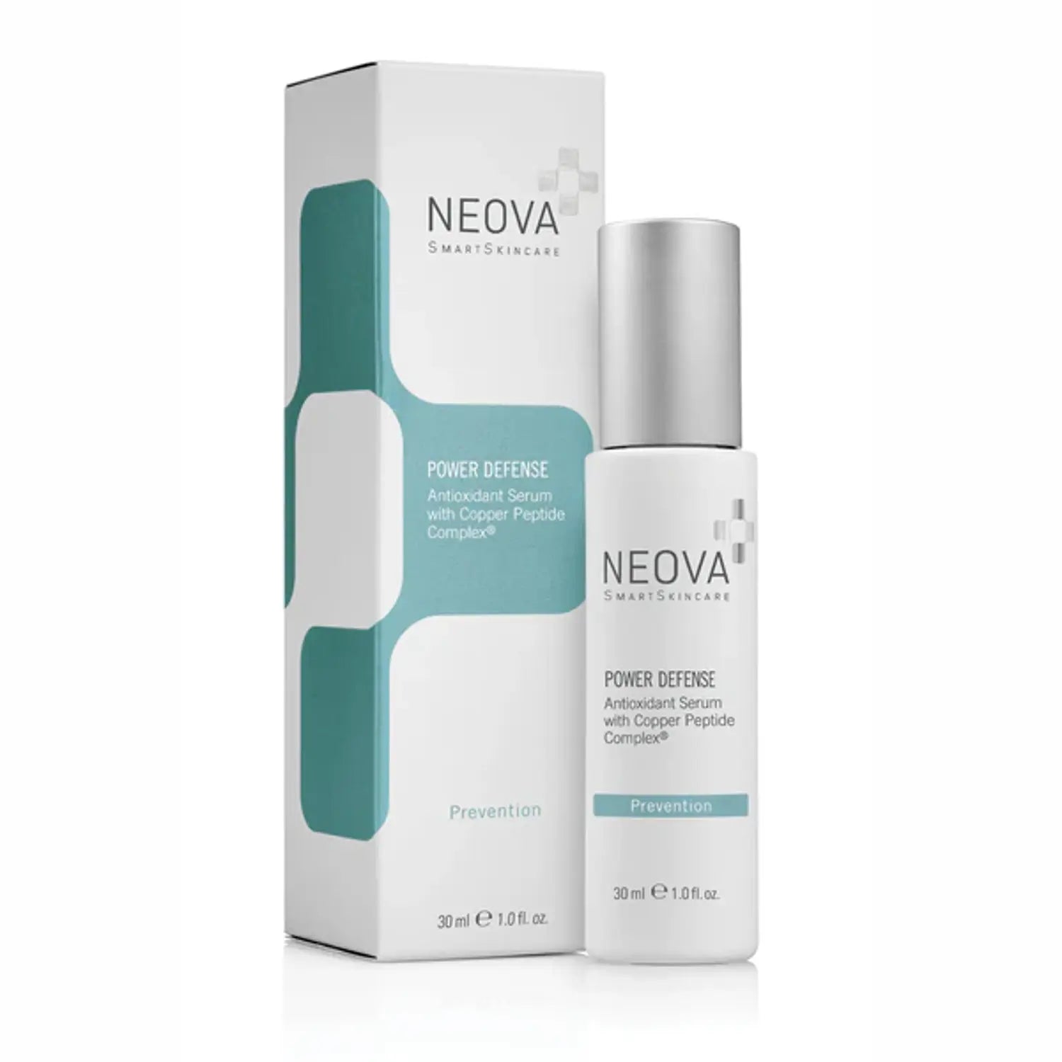 Skincare serum bottle and box, white and silver with teal accents