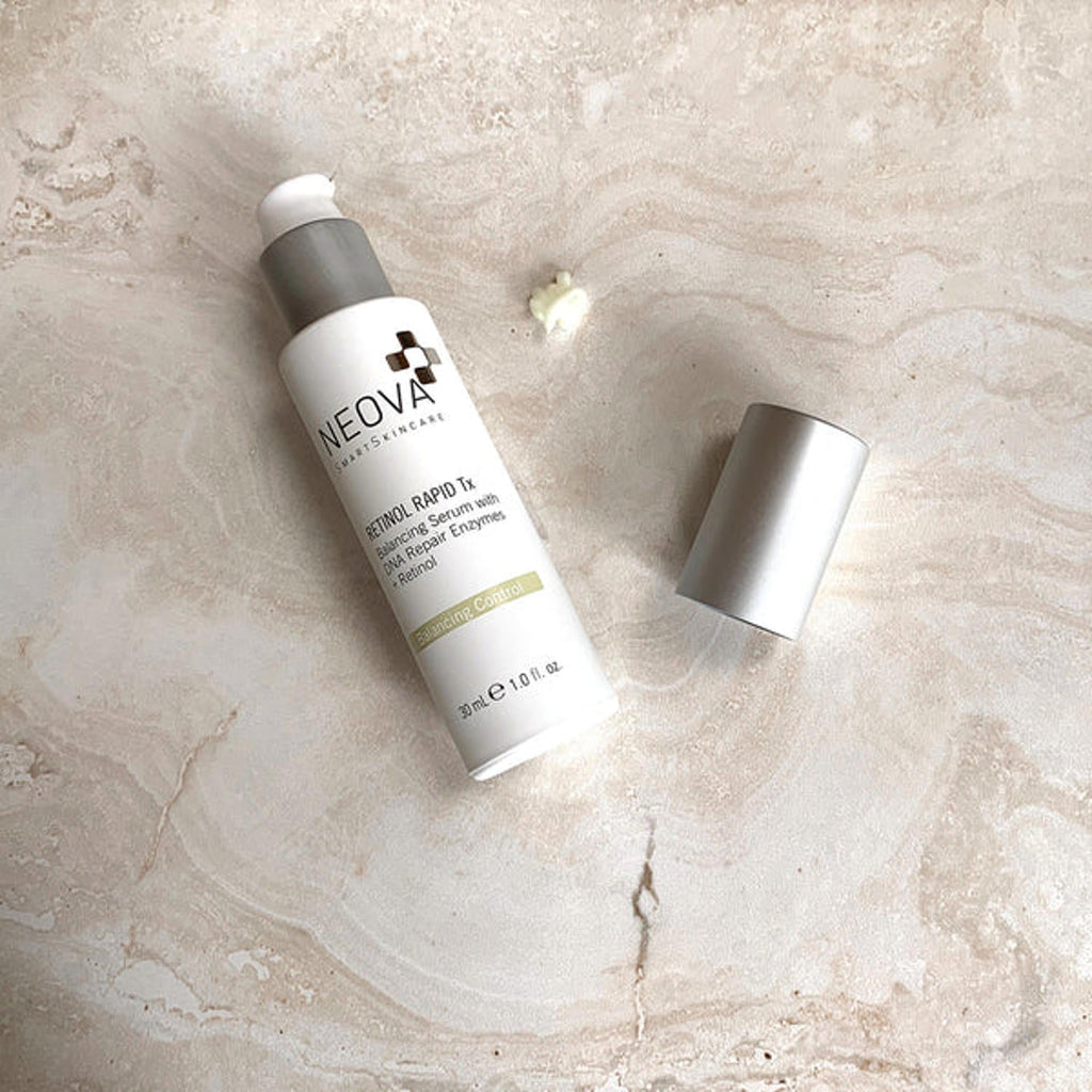 Neova retinol rapid TX balancing serum bottle with silver pump cap