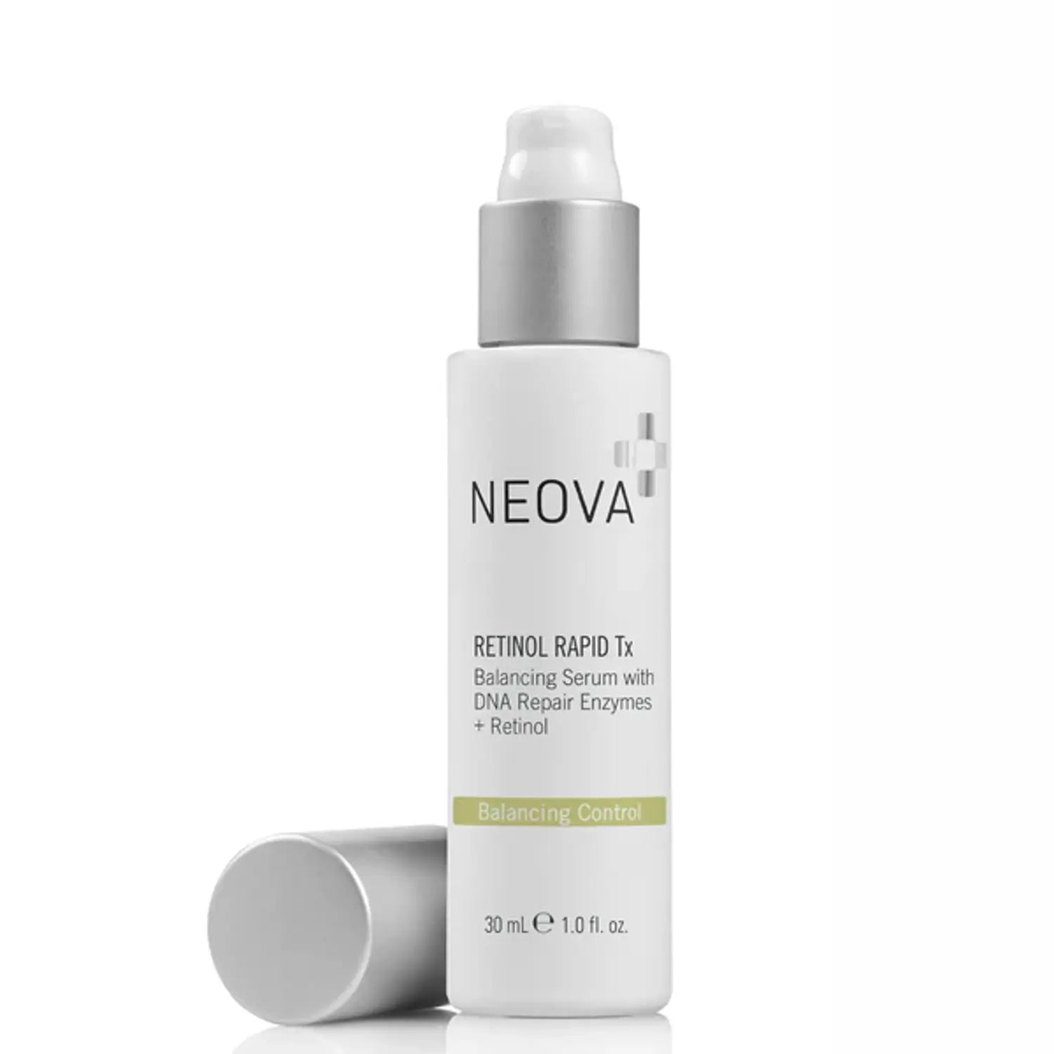 Neova retinol rapid TX balancing serum bottle with silver cap, 1.0 fl oz