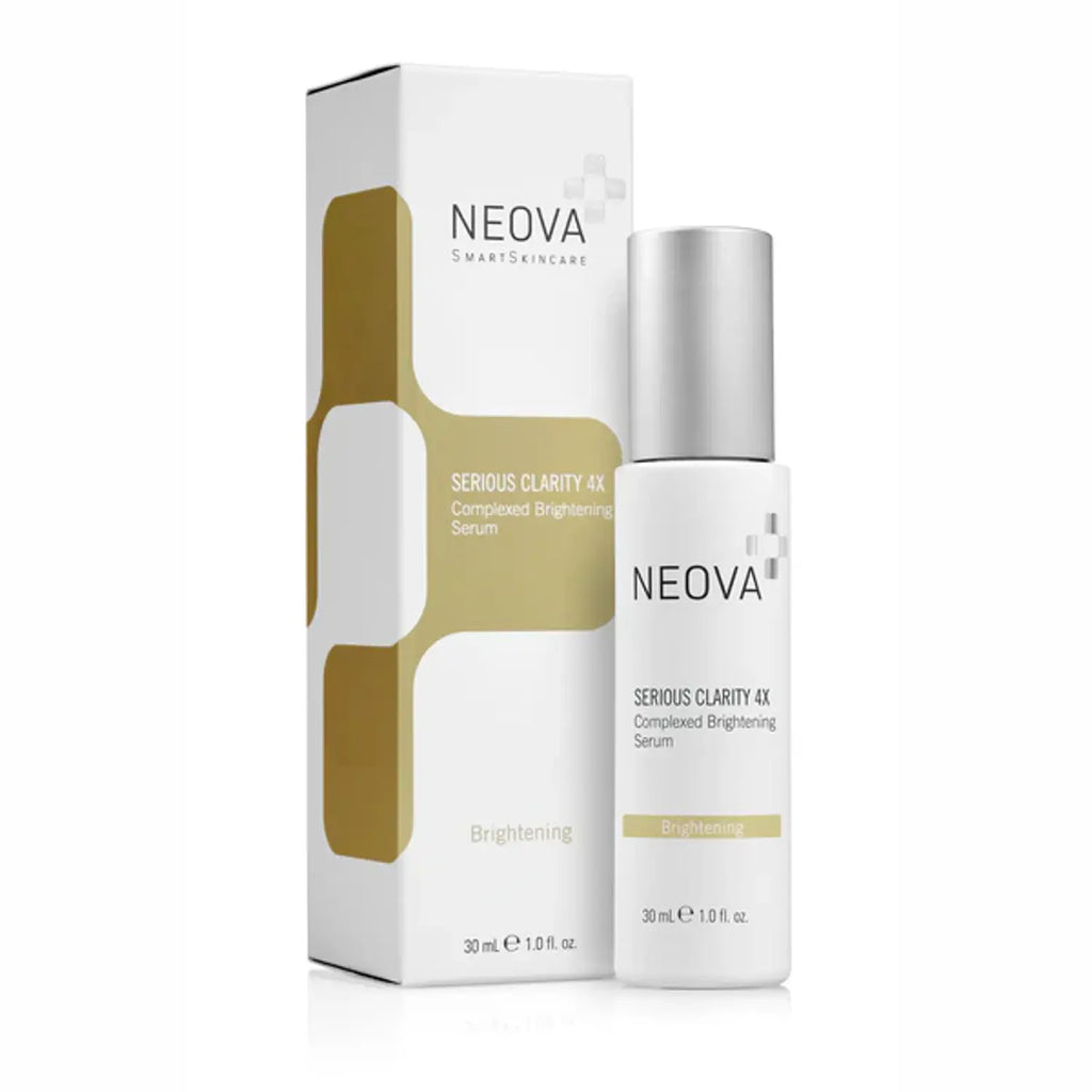 Neova Serious Clarity 4X serum bottle with packaging box, silver cap, brightening label