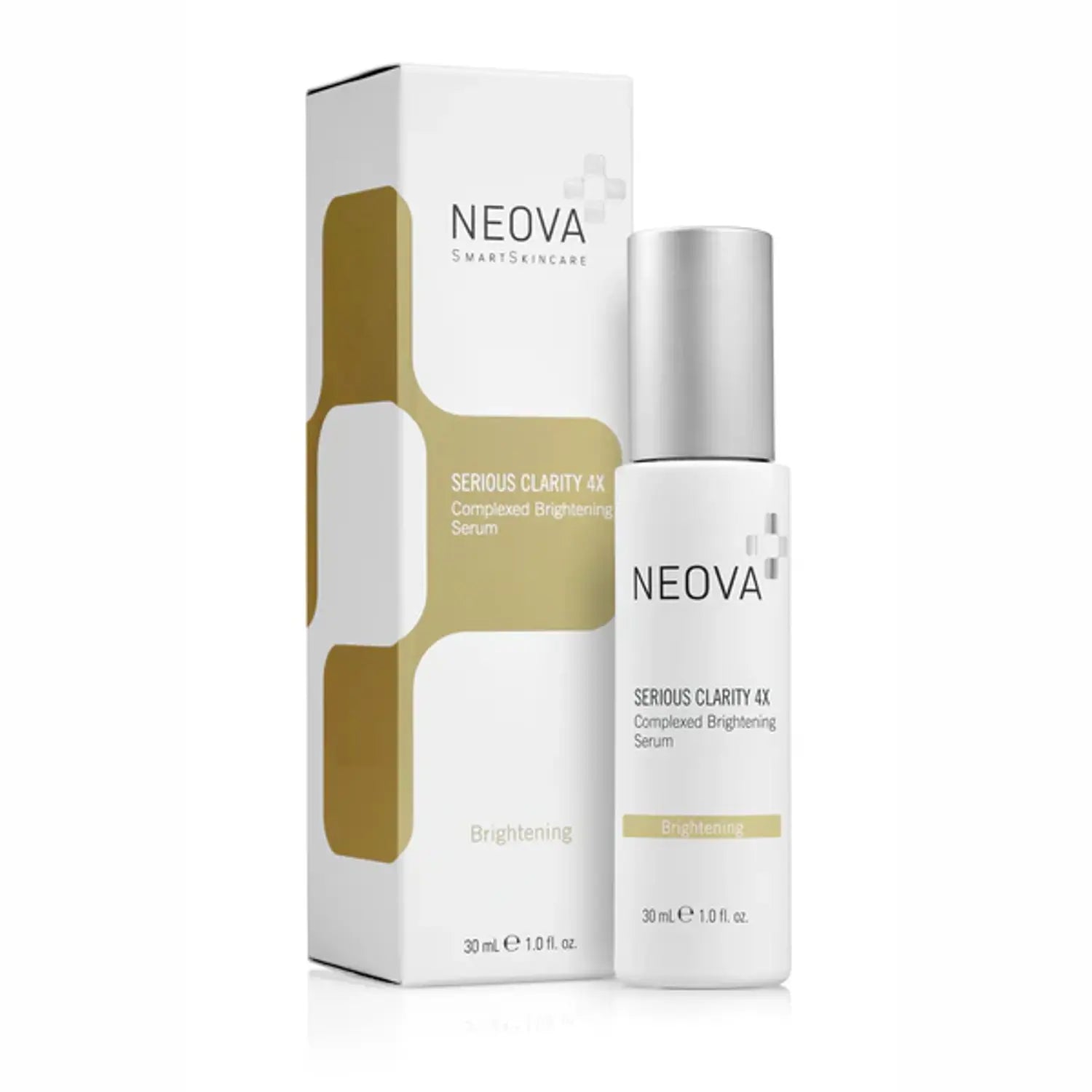 Neova Serious Clarity 4X serum bottle with packaging box, silver cap, brightening label