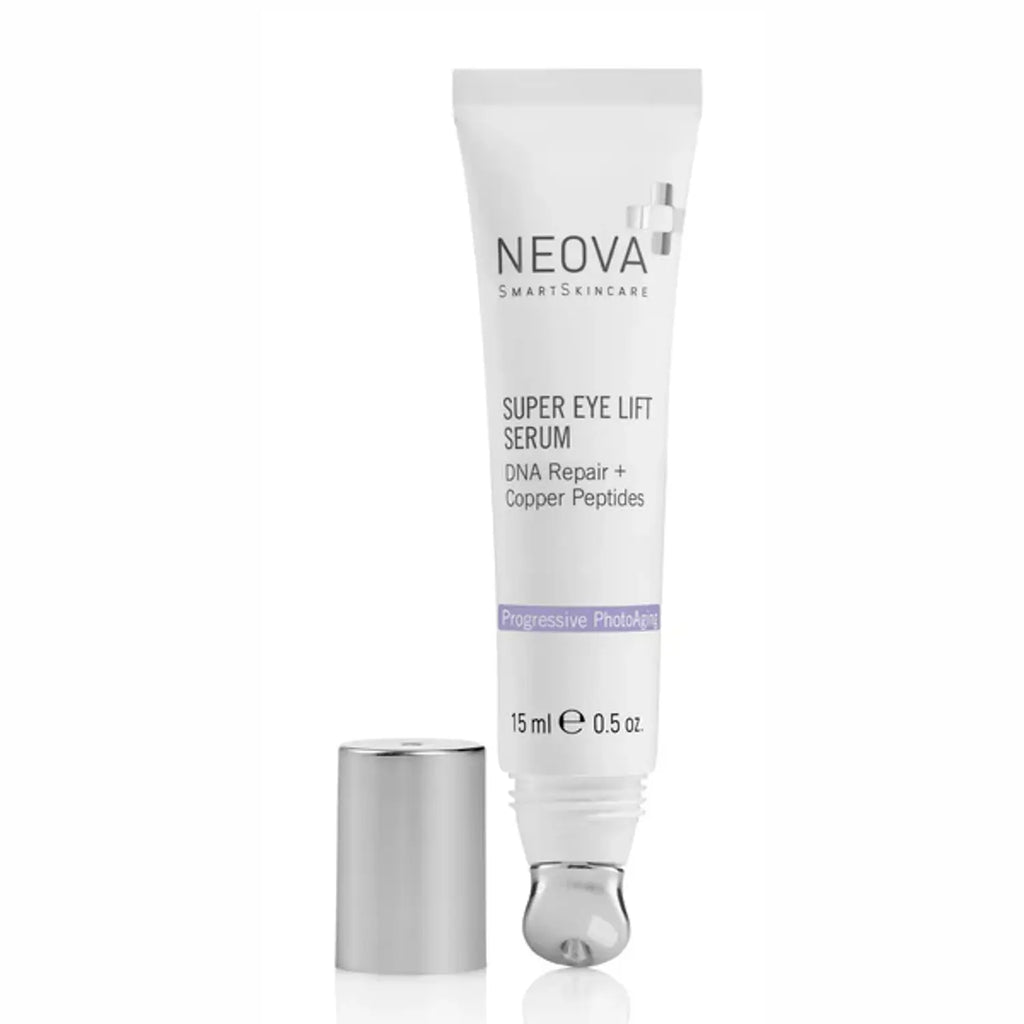 Neova eye lift serum tube, 0.5 oz, with silver cap and front label
