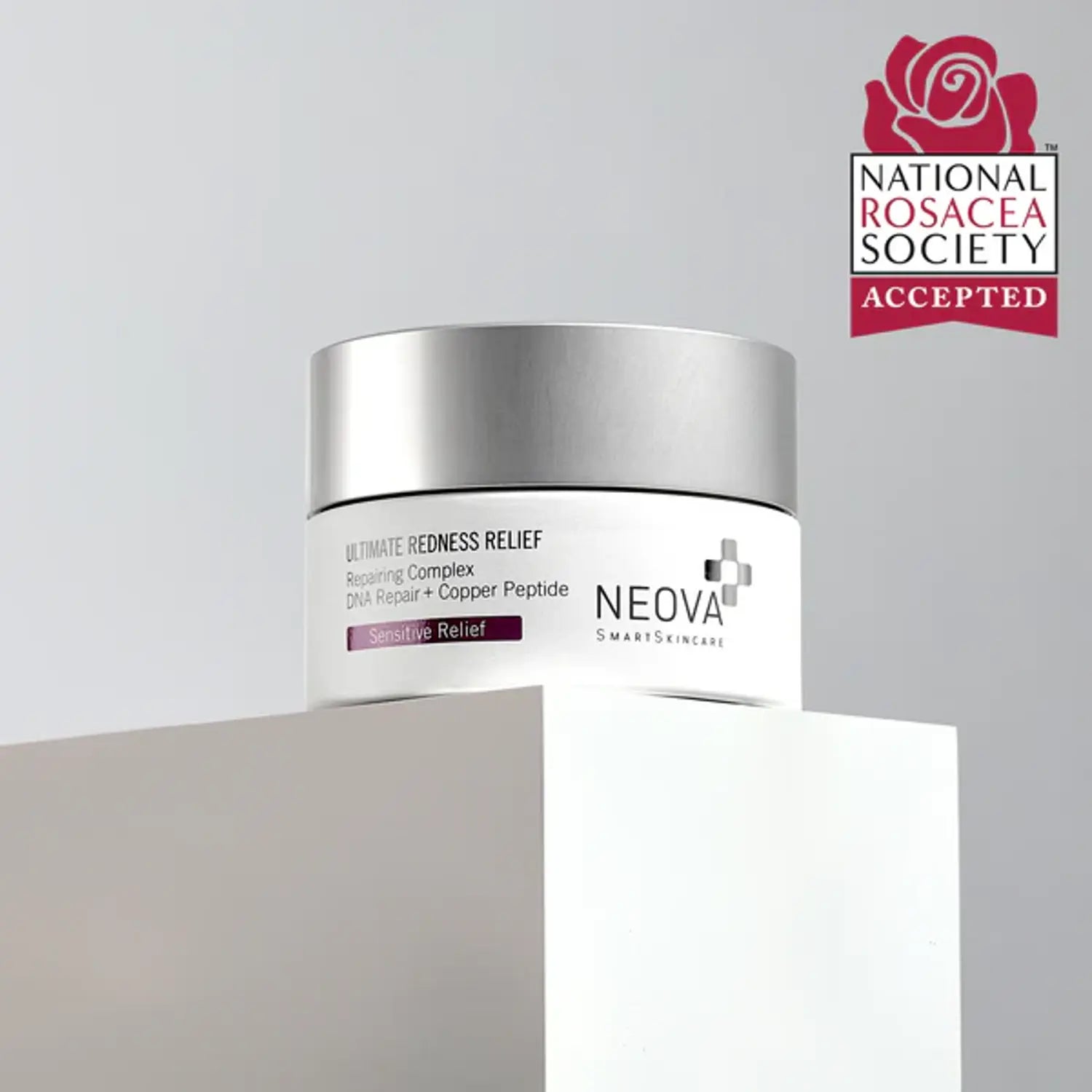 Neova redness relief moisturizer jar with National Rosacea Society Accepted seal.