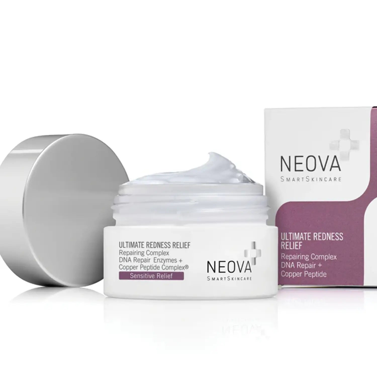 Neova Ultimate Redness Relief cream jar with open lid and boxed skincare, 1.7 oz.