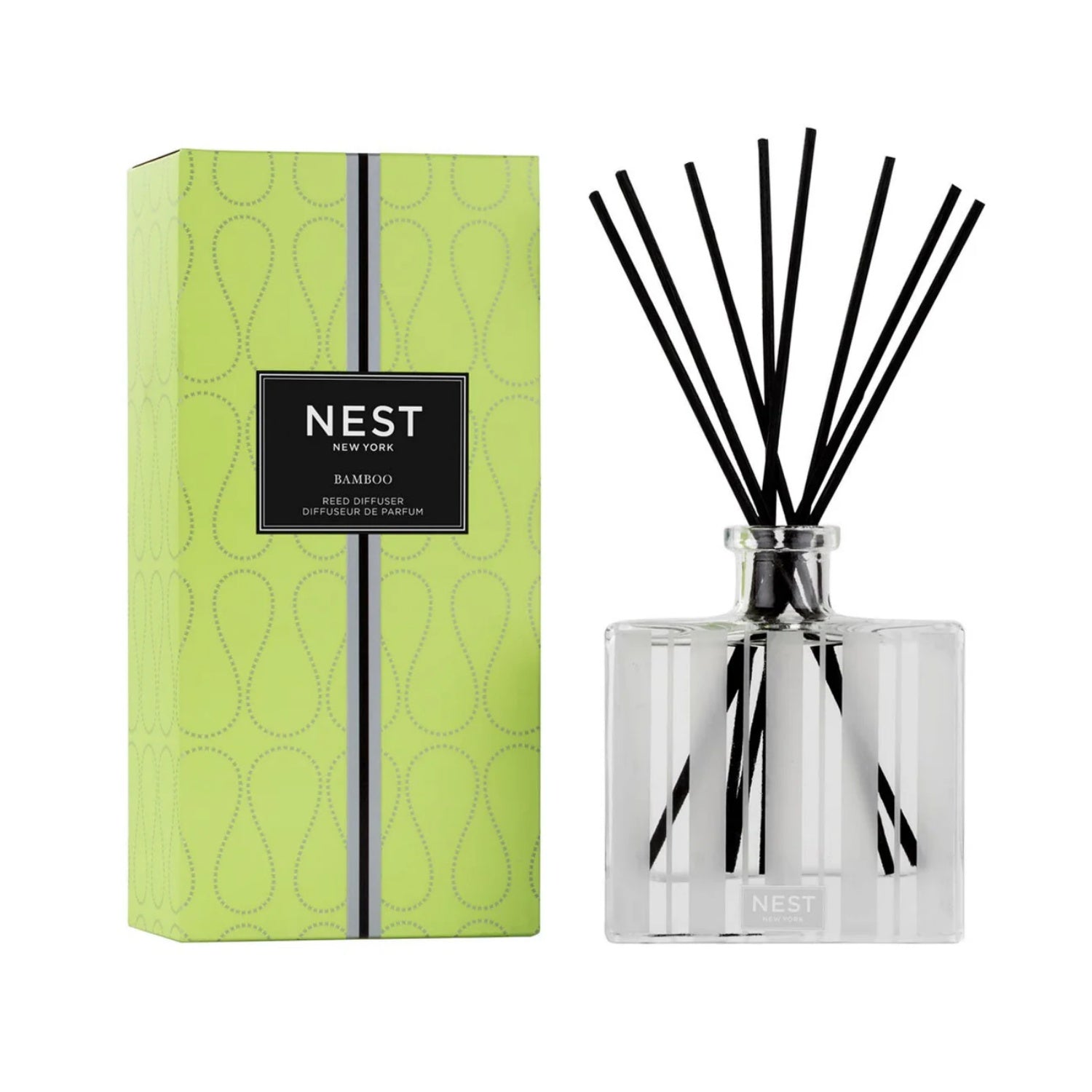 Bamboo reed diffuser set by Nest New York with clear bottle and black reeds, plus box