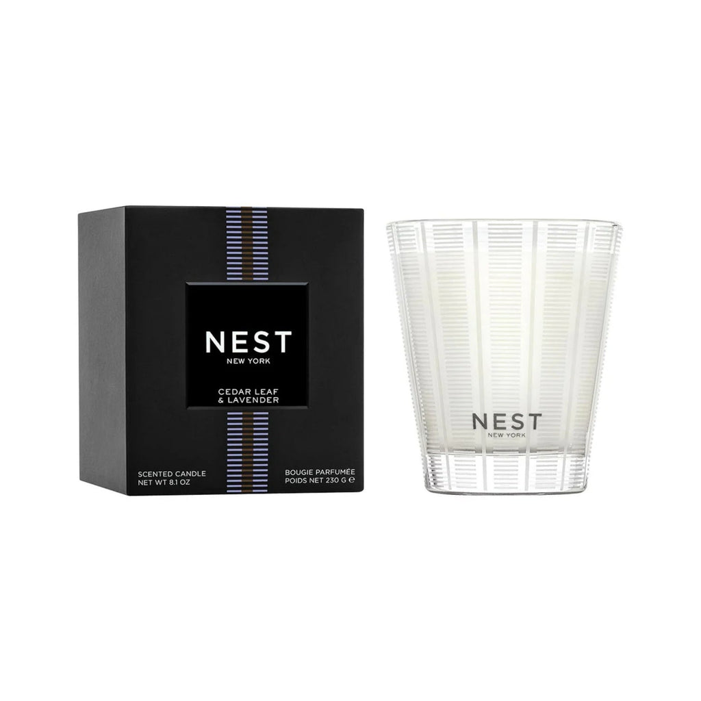 Nest New York scented candle in black gift box and clear striped glass jar