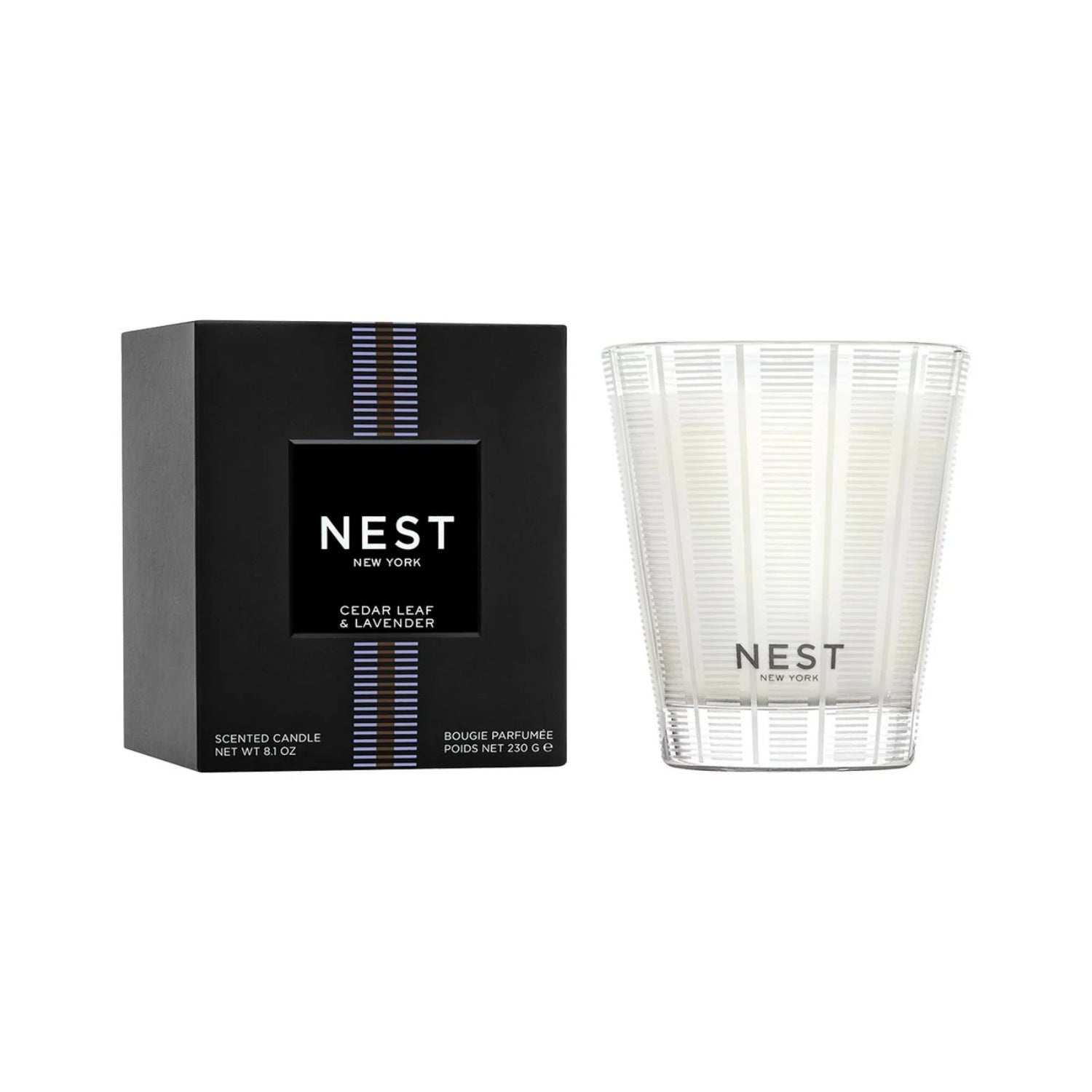 Nest New York scented candle in black gift box and clear striped glass jar