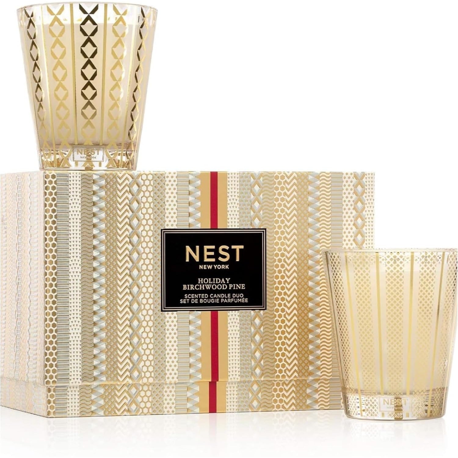 Nest New York holiday and birchwood pine candle set, patterned glass jars and label