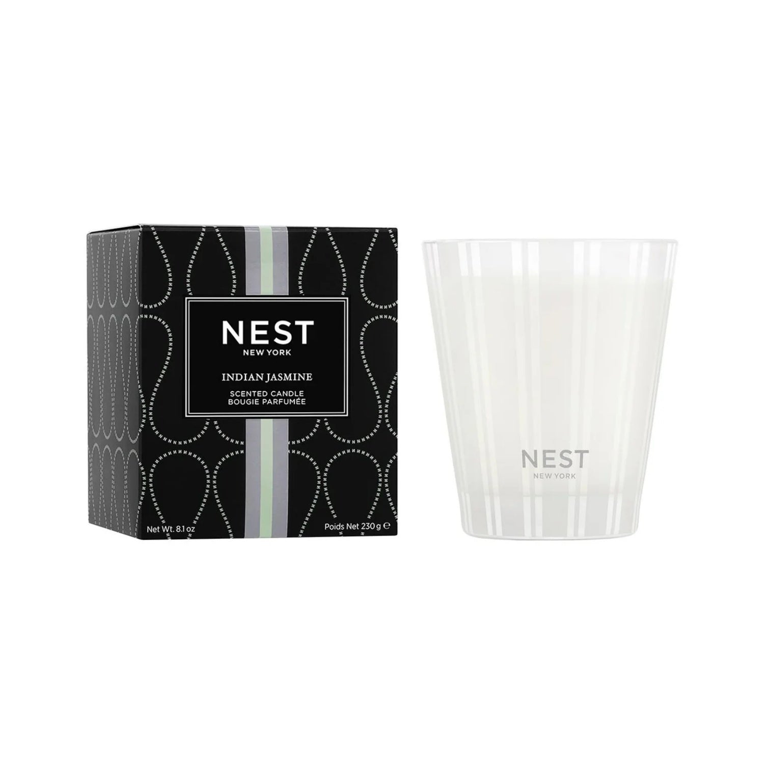 Scented candle jar, white ribbed glass with NEST logo, with black patterned box