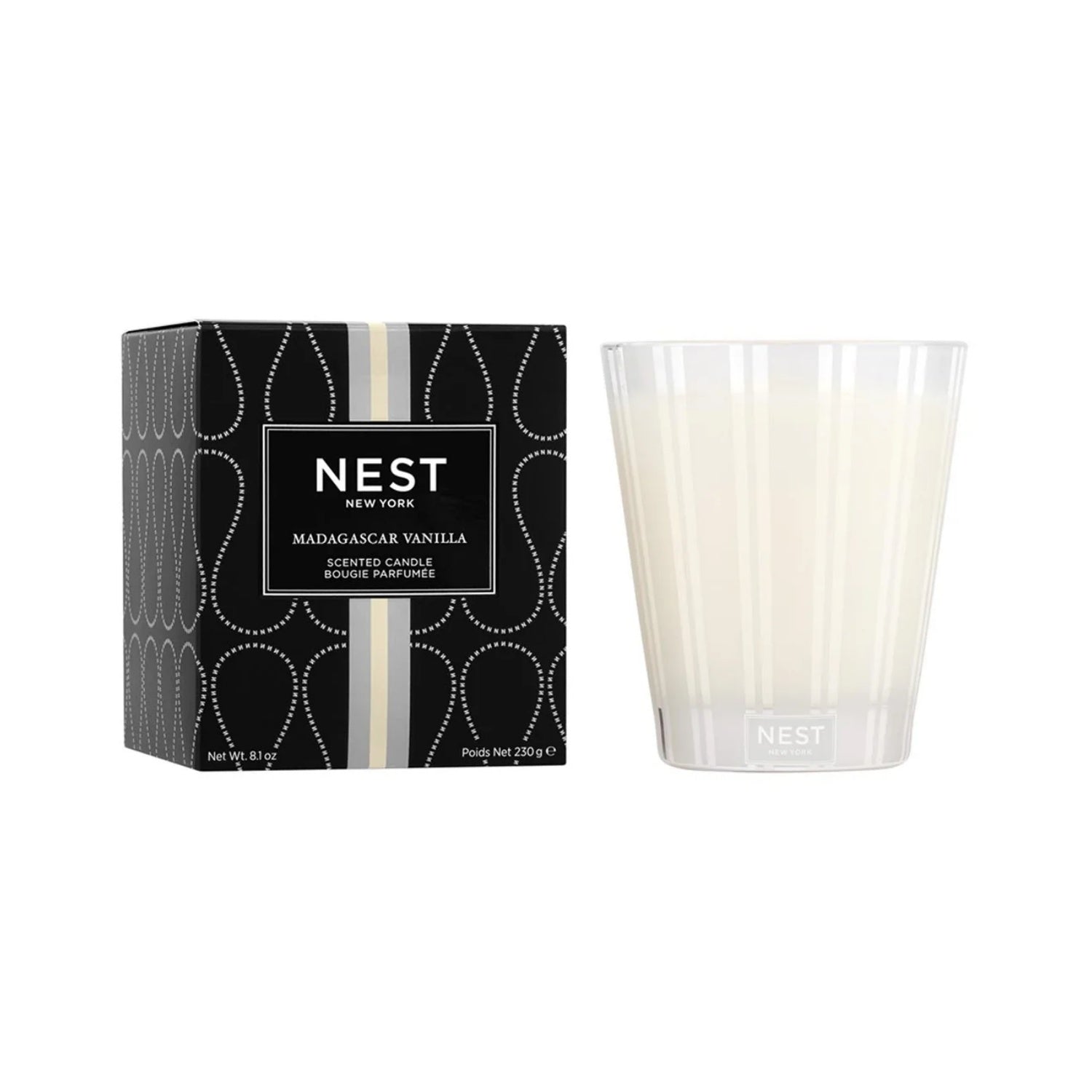 Scented candle in clear ribbed glass with Nest Madagascar Vanilla gift box