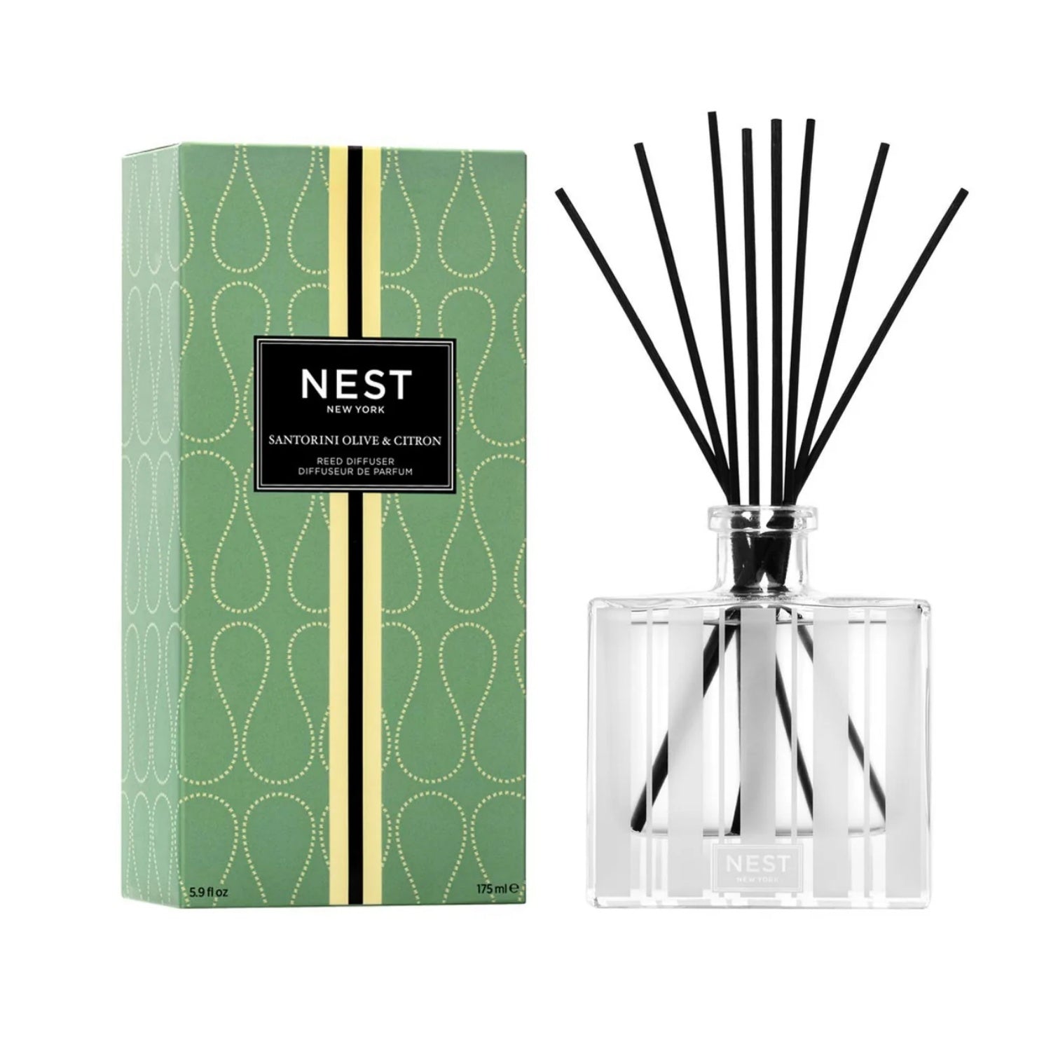 Reed diffuser set with boxed bottle, clear glass with black reeds