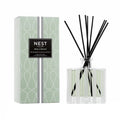 Reed diffuser set with clear glass bottle, wild mint & eucalyptus label, dark reeds