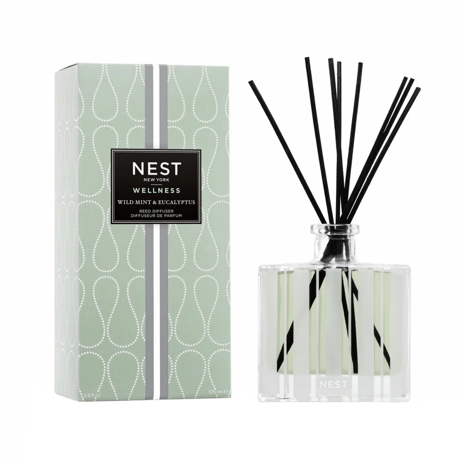Reed diffuser set with clear glass bottle, wild mint & eucalyptus label, dark reeds