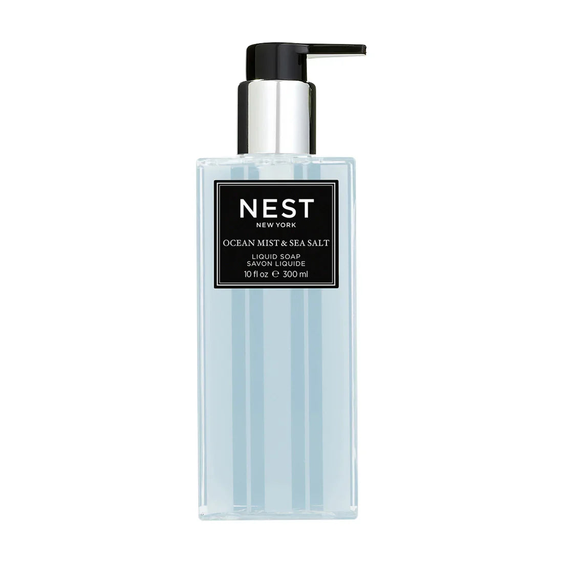 NEST New York liquid soap bottle with black pump, clear blue glass, Ocean Mist & Sea Salt