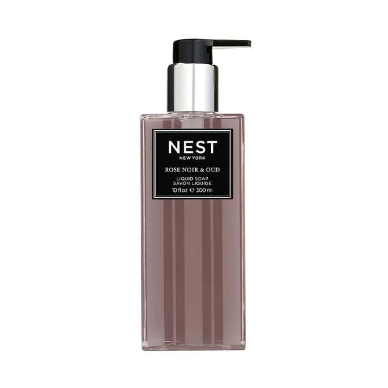 Nest New York liquid soap bottle with black pump, rose-ombre glass, Rose Noir & Oud label
