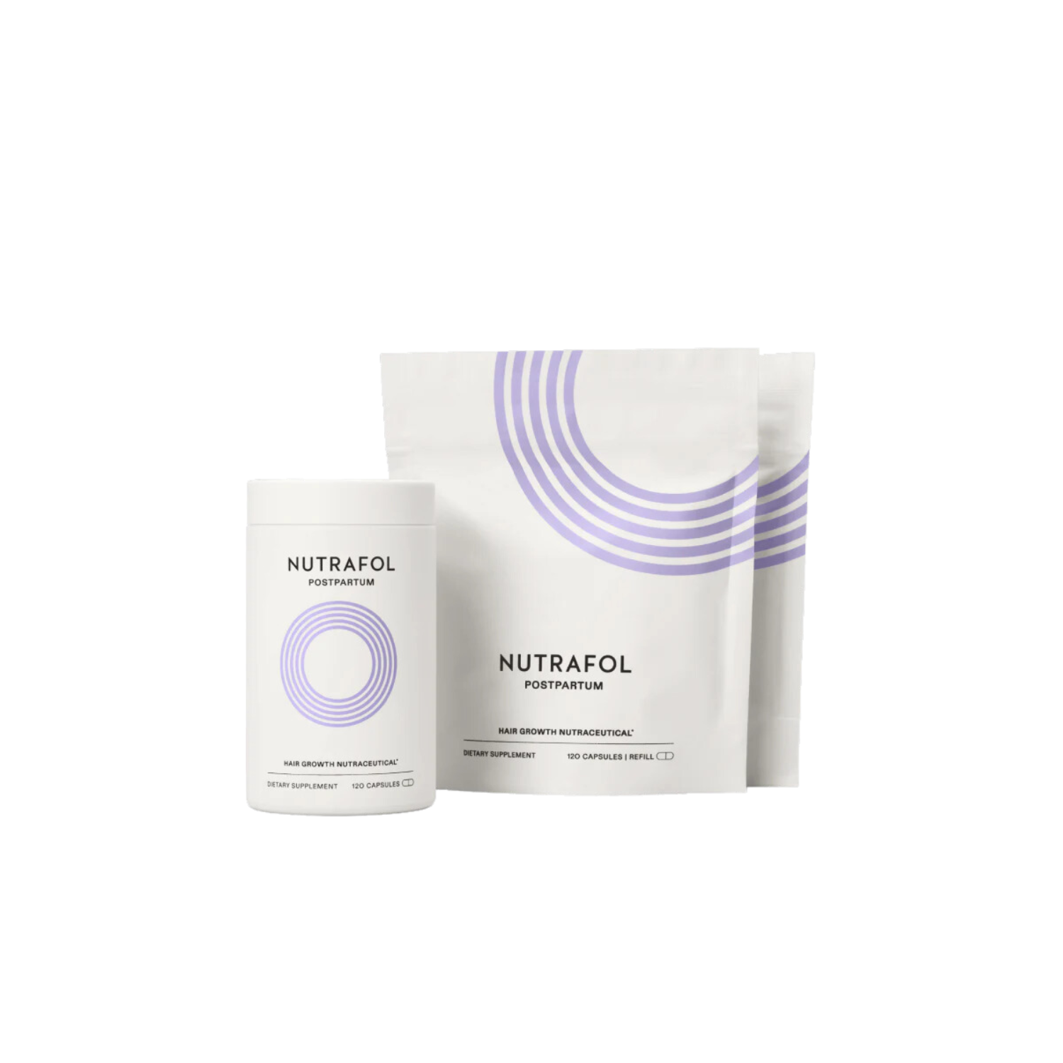 Nutrafol Postpartum hair supplement bottle with multi-pack pouch