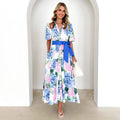 Printing Bohemian Dress Spring Summer Short Sleeves Belt a Word Dress Ladies