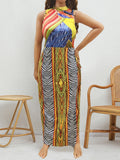 plus Size Women Women Clothing Summer Retro Mixed Color Printing Random Non Positioning Split Tied Dress
