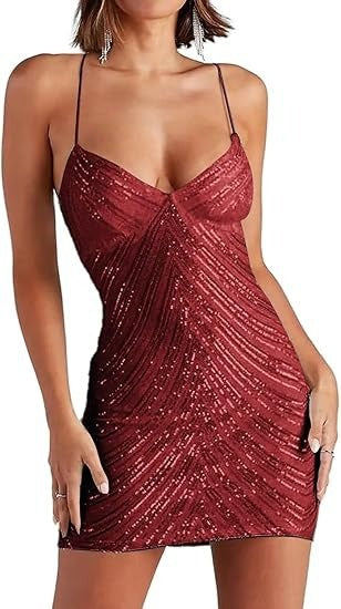 Burgundy sequined mini dress with spaghetti straps and V-neck, fitted body