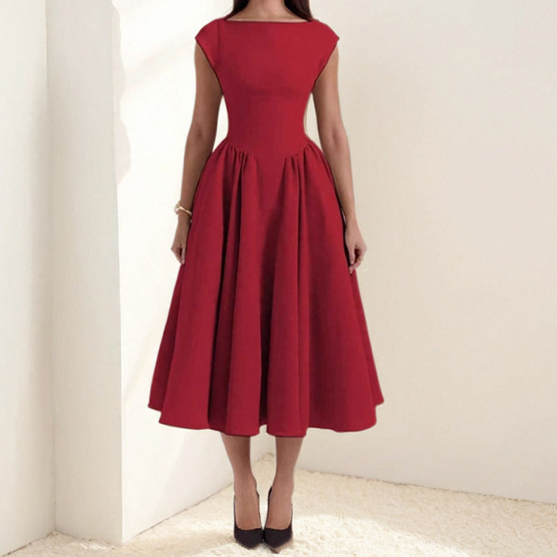 Burgundy sleeveless dress with fitted waist and flared pleated midi skirt