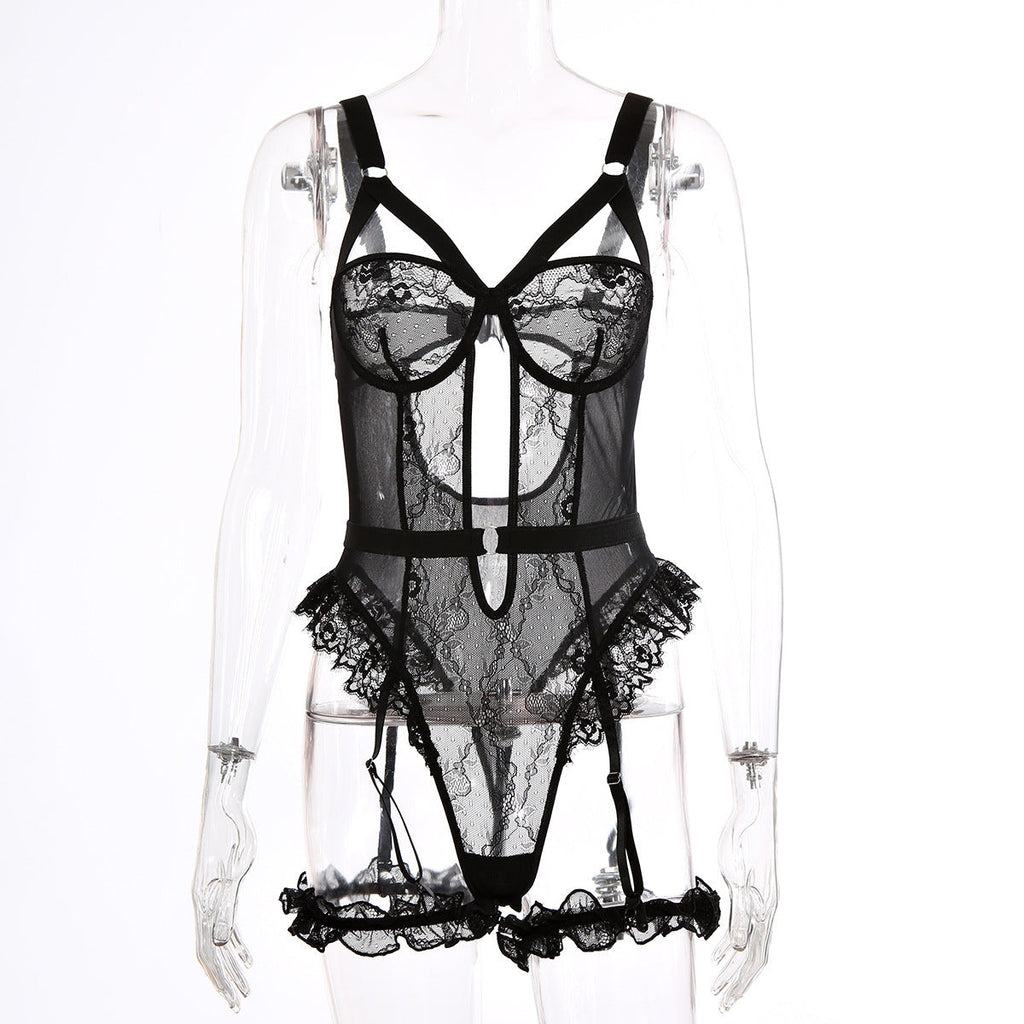 Sexy Lace Lace Cutout See through Sling One Piece Sexy Lingerie Jumpsuit with Leg Ring
