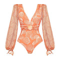 V neck Shell Decorative Mesh Long Sleeve One Piece Swimsuit Women