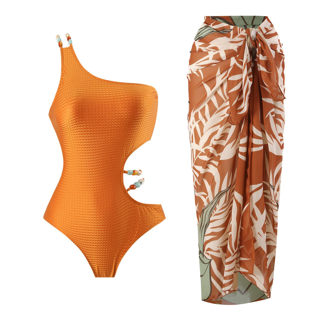 One Piece Swimsuit Women Spring Tight Retro Vacation Swimsuit Chiffon Skirt Set