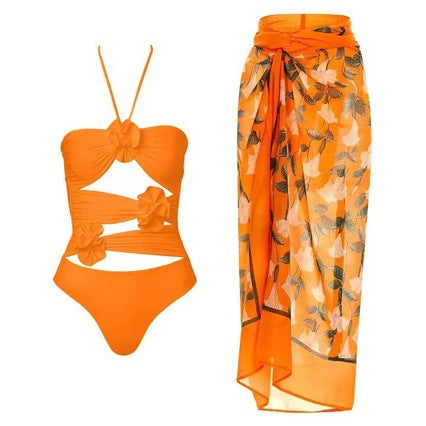 Lonkey Swimsuit Solid Color Hollow Out Cutout Mesh Bag Hip Skirt Floral Sexy Swimsuit