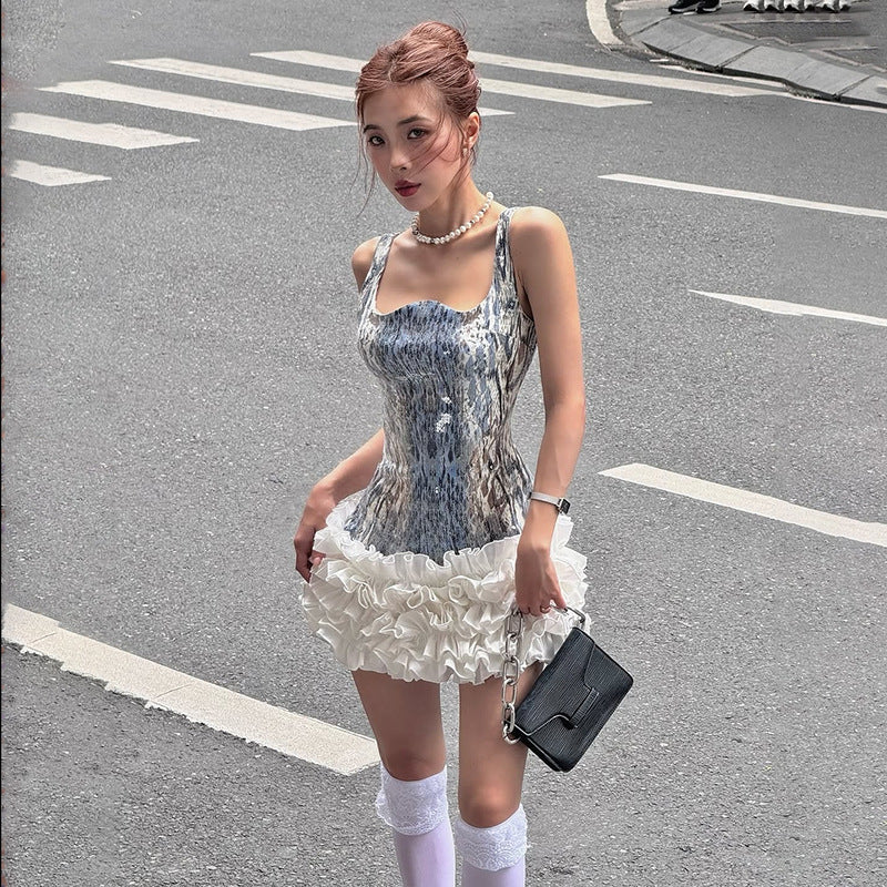 Women Clothing Fall Sexy Sling Sequin Contrast Color Slim Fit Dress