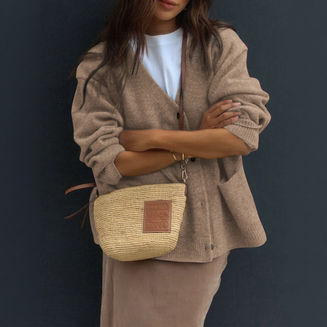 Women’s long-sleeve cardigan coat sweater, tan button-front with two pockets