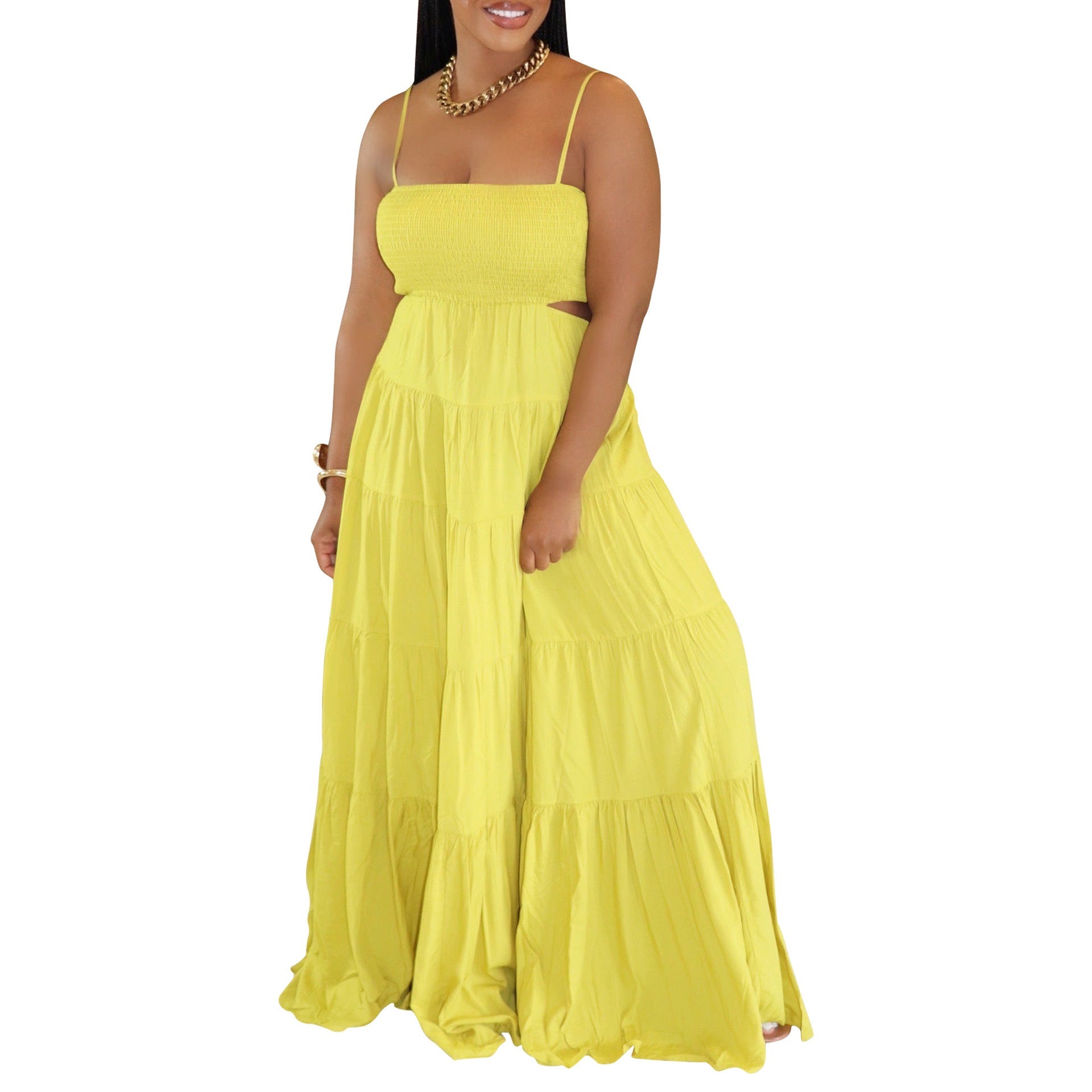 Yellow spaghetti-strap tiered maxi dress with smocked waist and tiered ruffle skirt