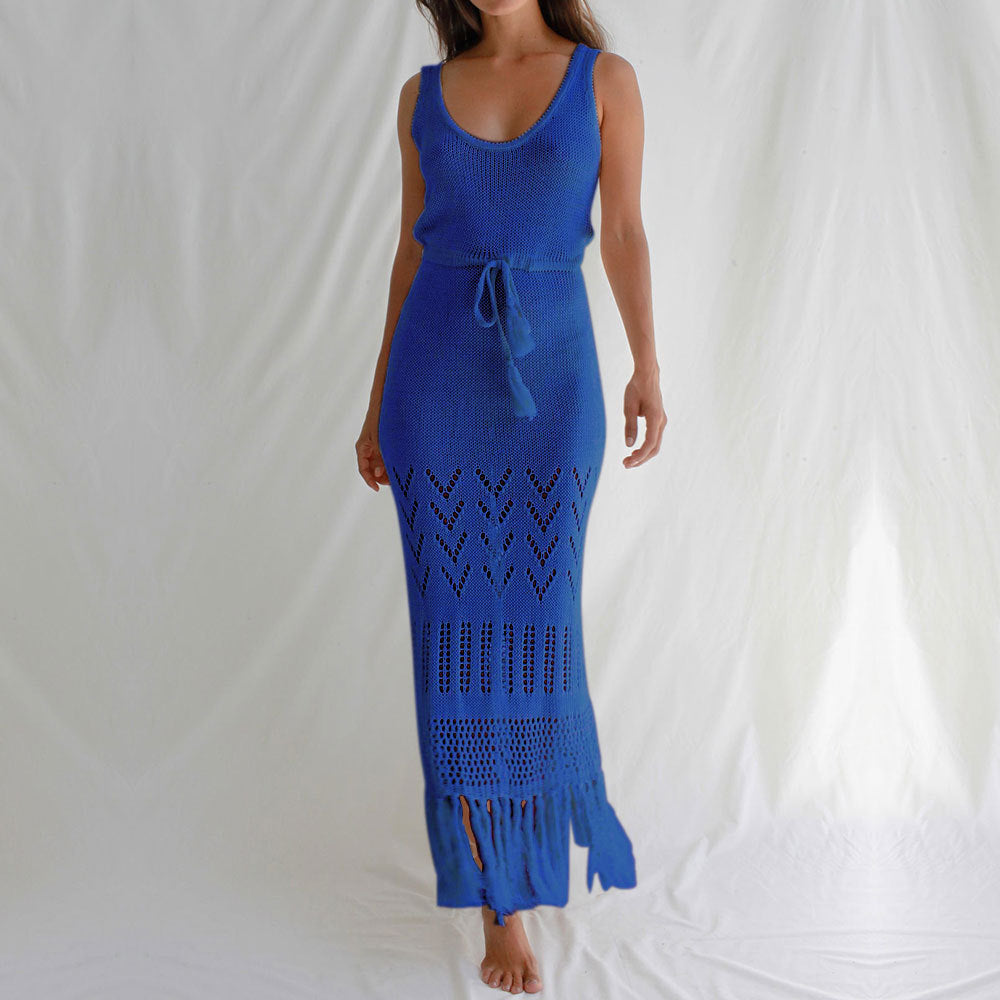 Blue sleeveless crochet maxi dress with drawstring waist and tassel-trim hem cutouts