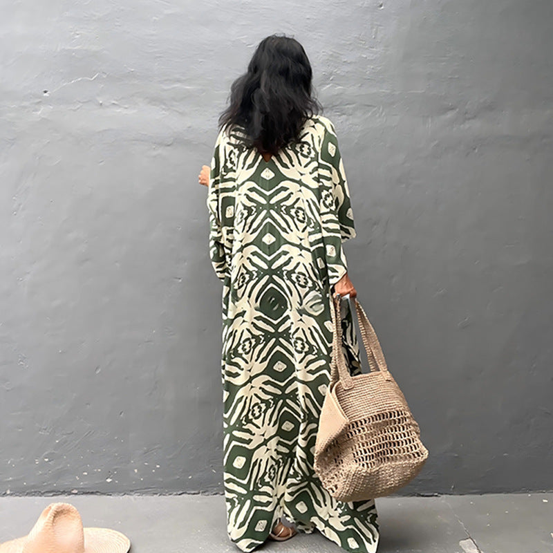 Rayon Drawstring Vacation Beach Dress Women Sunscreen Loose Robe Bikini Cover