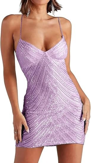 Purple sequined mini dress with spaghetti straps and V-neck, fitted body