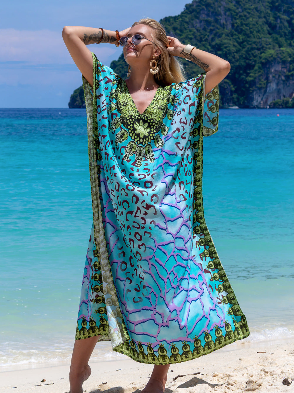 Printed beach cover-up robe dress in turquoise with leopard-style pattern and V-neck