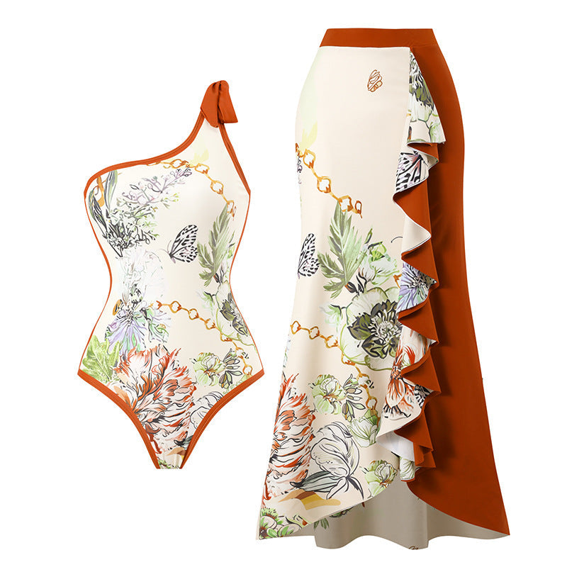 Women Swimsuit Elegant Printed Stitching Contrast Color Beach Sun Protection Skirt Shoulder Two Piece Swimsuit