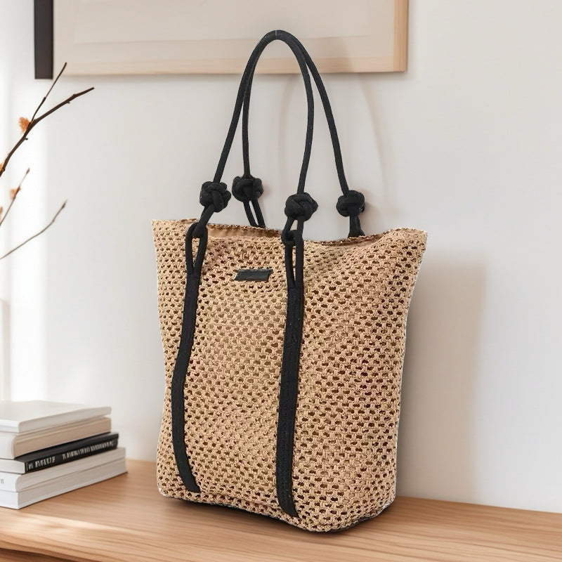 Hollow-Out Paper Rope Woven Tote – Large Straw Shoulder Bag, Commuter Beach Portable Purse