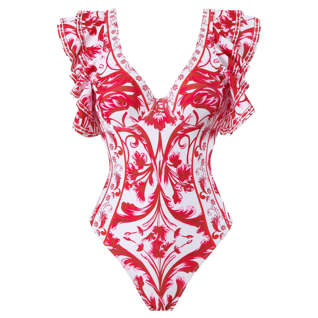Spring Sexy Swimsuit Women Conservative Warm Printed Swimsuit Wrap Skirt Set